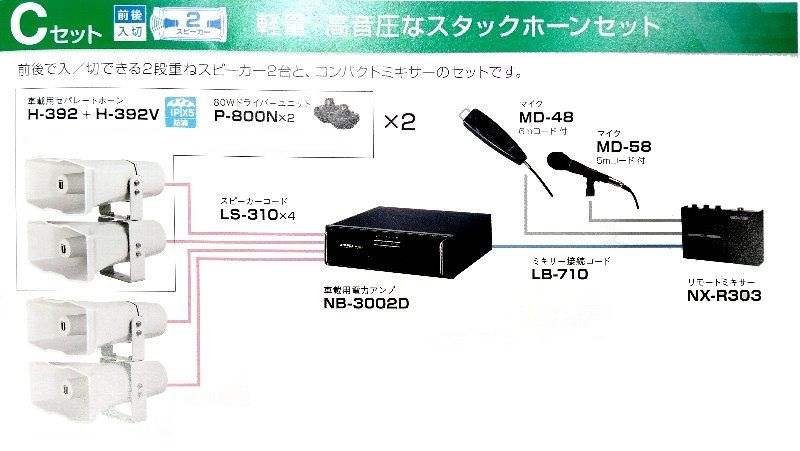 海外最新 メガホン 拡声器のセイコーテクノ拡声器 40W 選挙用車載アンプライトパワーセットA 12V CV-392 25×２ LS-404 NDS- 402A